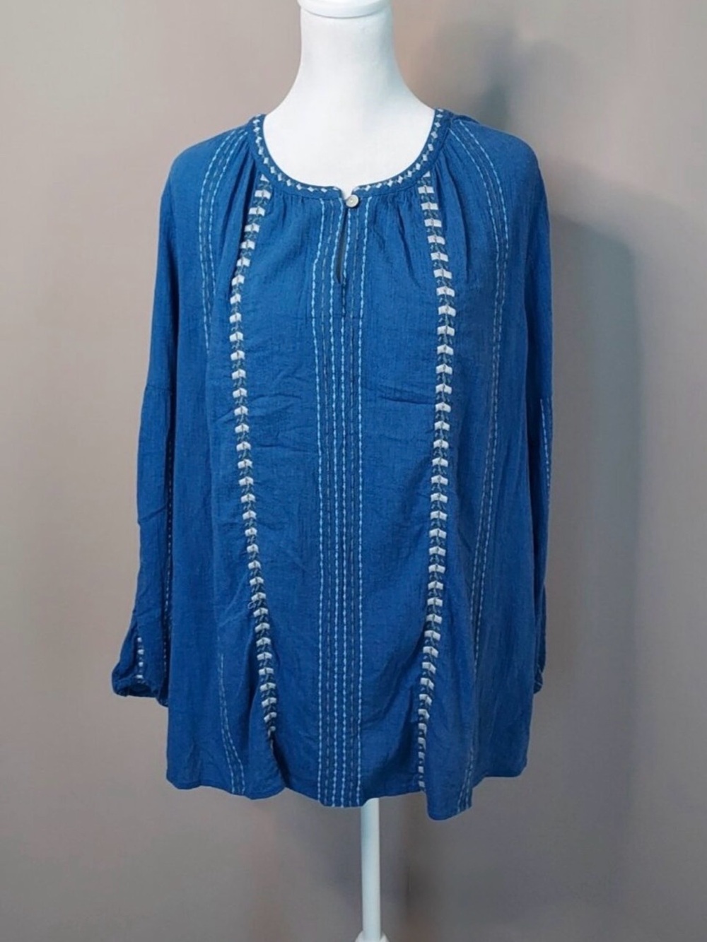 J. Jill Blue Embroidered Peasant Blouse Petite L New